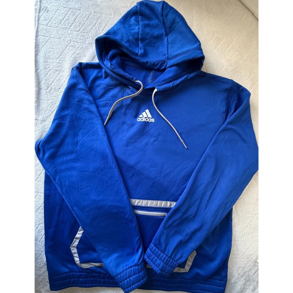 Adidas Men Large Blue Pullover Hoodie Zipper Pocket Performance Athletic
